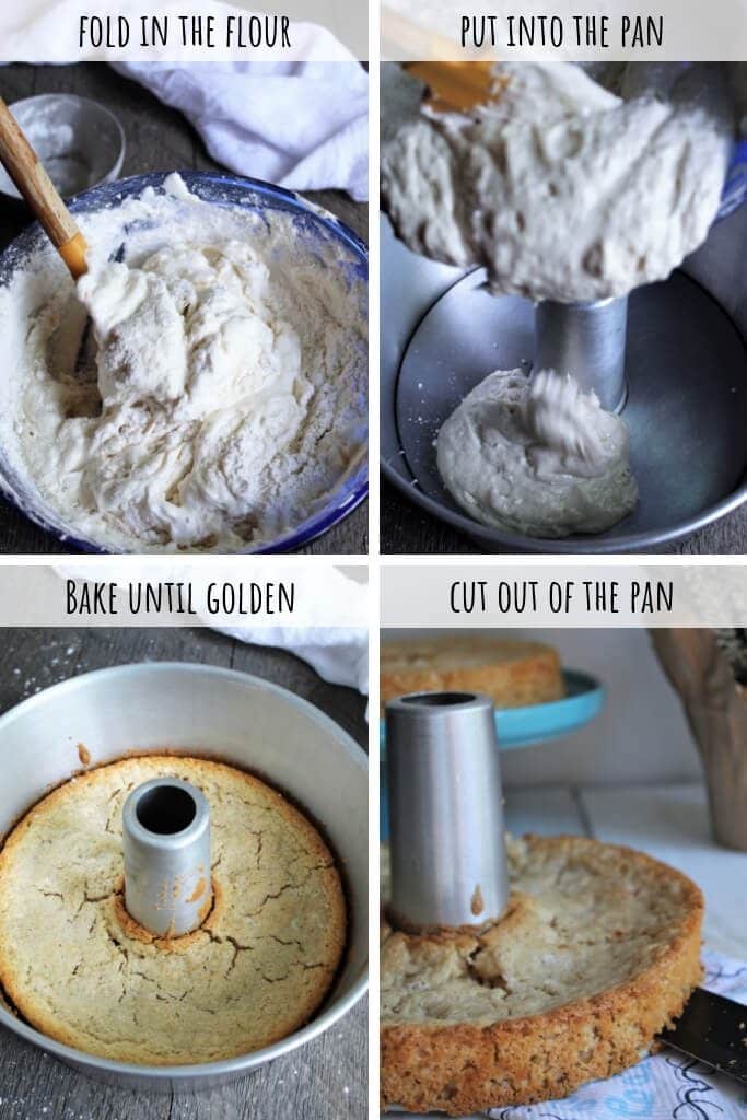 A series of 4 pictures showing the steps of folding in the flour, adding batter to the pan, baking and cutting the vegan angel food cake. 