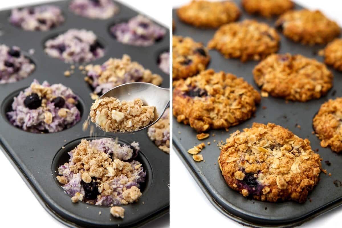 A collage of two images showing blueberry muffins with crumble topping before and after being baked.