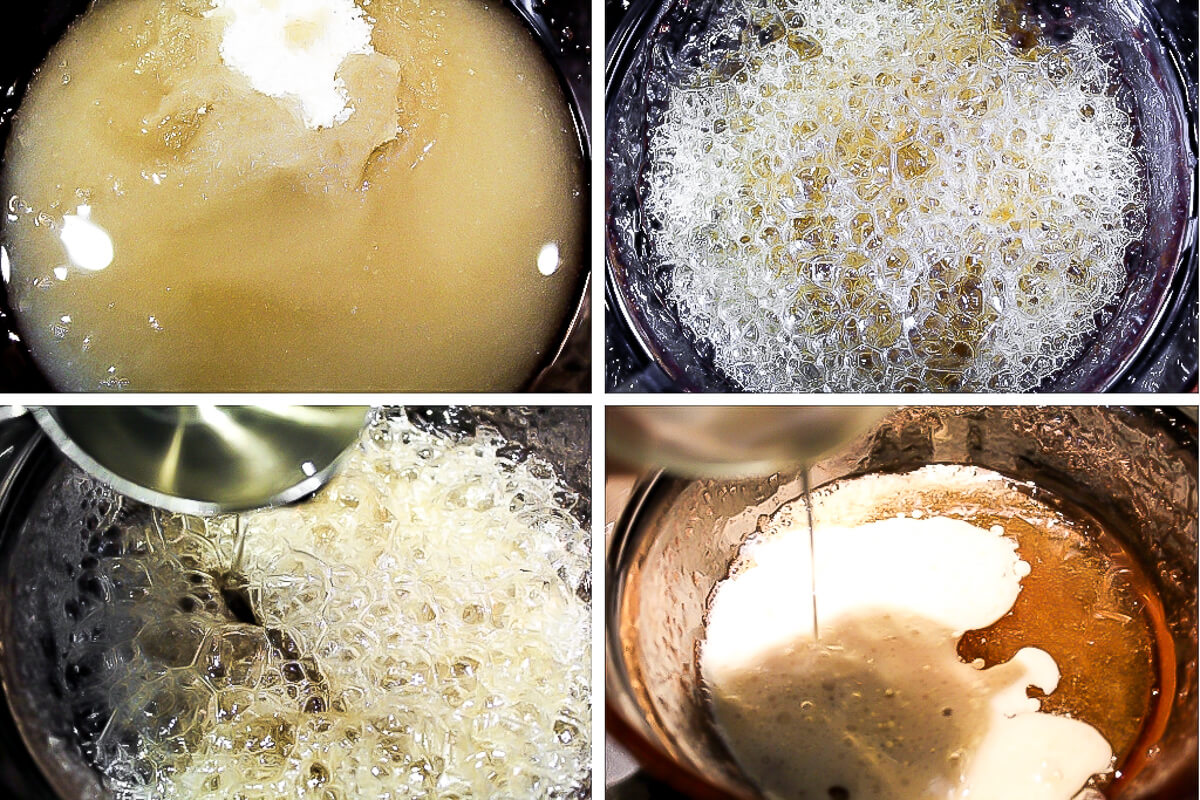 A series of 4 pictures showing the steps of boiling sugar and adding coconut oil and soy milk to make vegan caramel for vegan caramel apples.