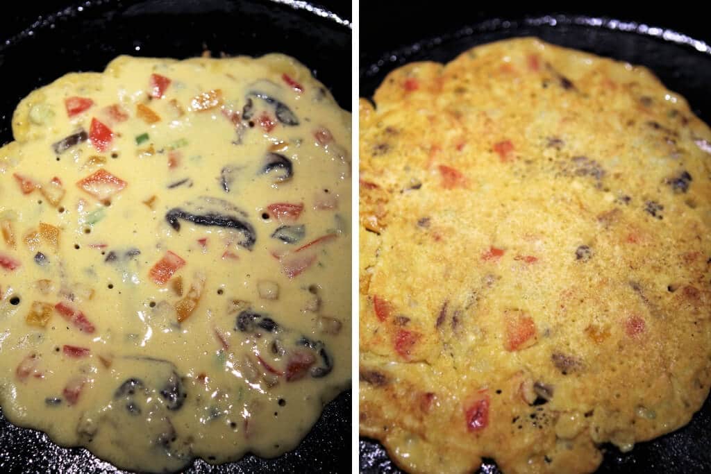 Two pictures showing the chickpea omelette being cooked in a skillet showing it uncooked and cooked.