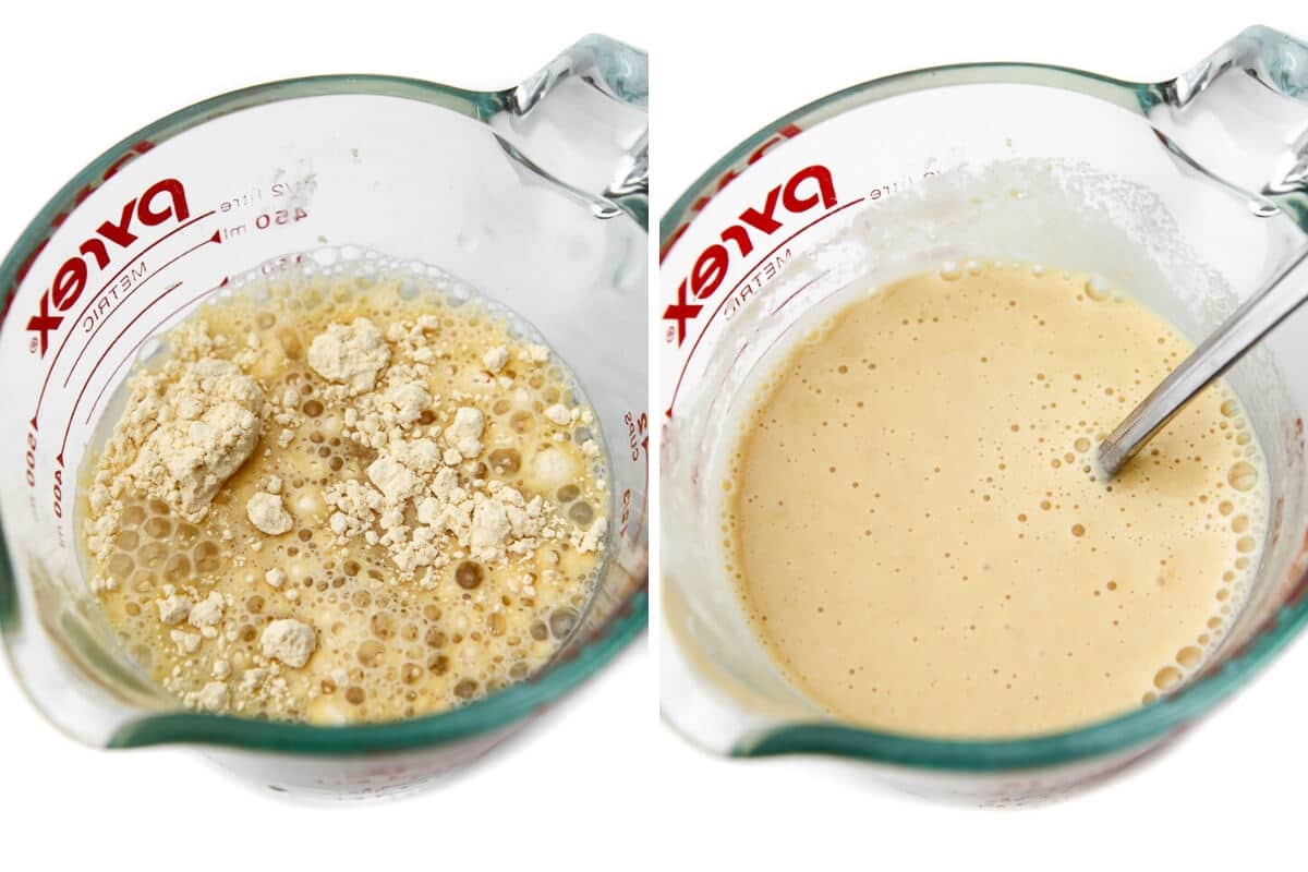 A collage of 2 pictures showing a glass measuring cup filled chickpea flour and water before and after it has been stirred.