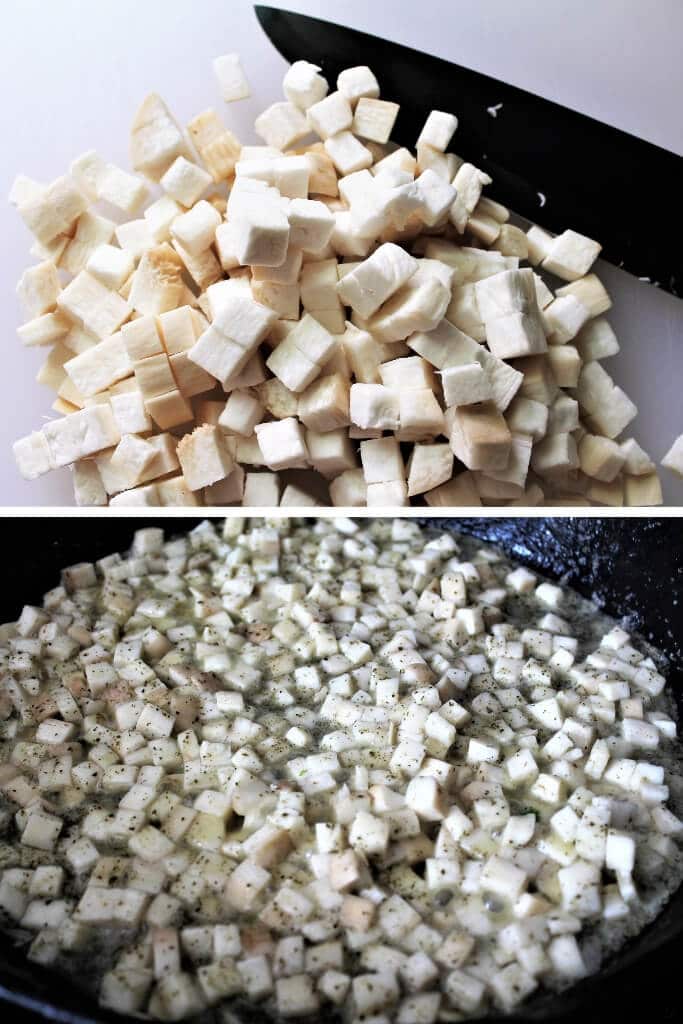 Diced king mushrooms on a cutting board and frying in a pan with kelp flakes to make vegan clam dip.