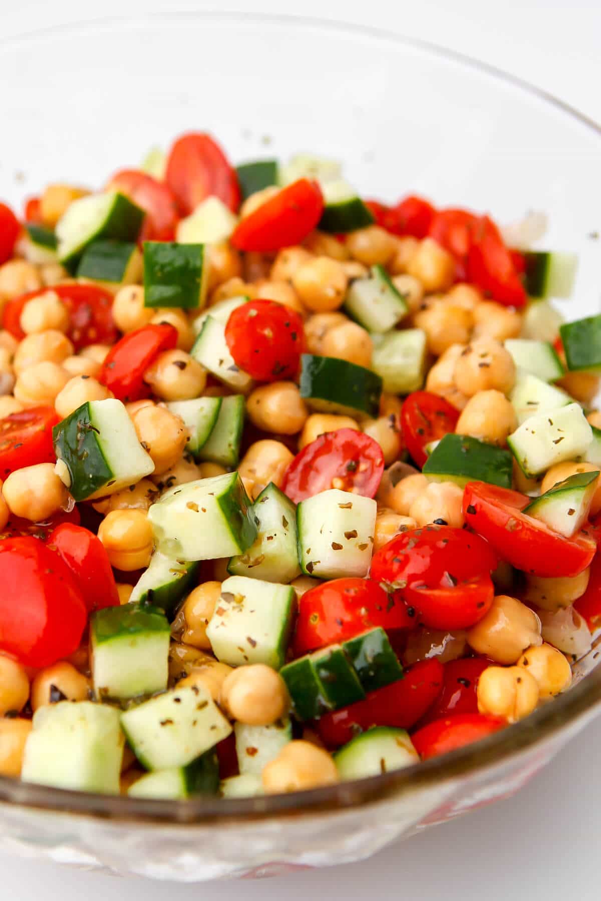 Easy Chickpea Salad in a glass bowl.