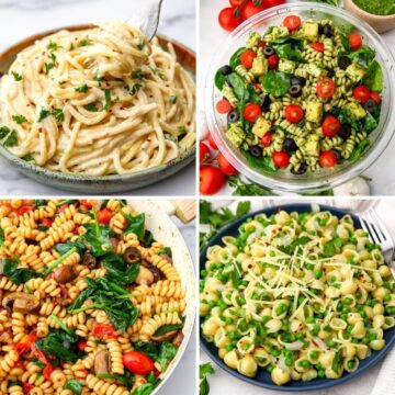 A collage of 4 images of quick and easy vegan pasta recipes.