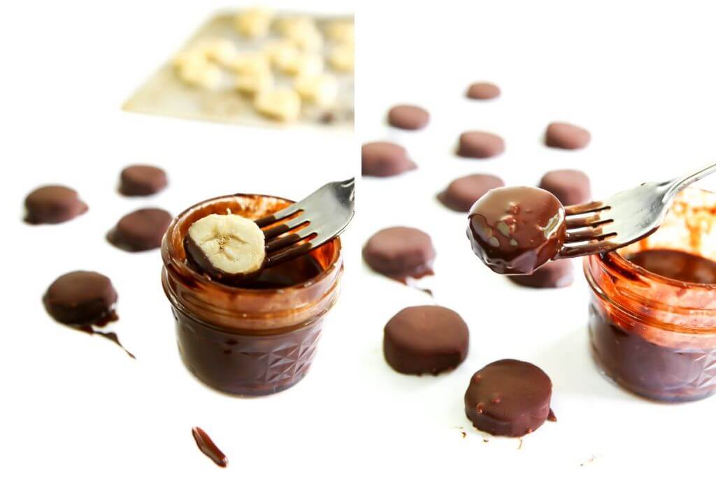 A collage of 2 pictures showing frozen banana bites being dipped into a vegan chocolate coating to make chocolate covered bananas.