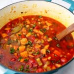 A pot of gypsy soup in a large blue soup pot.