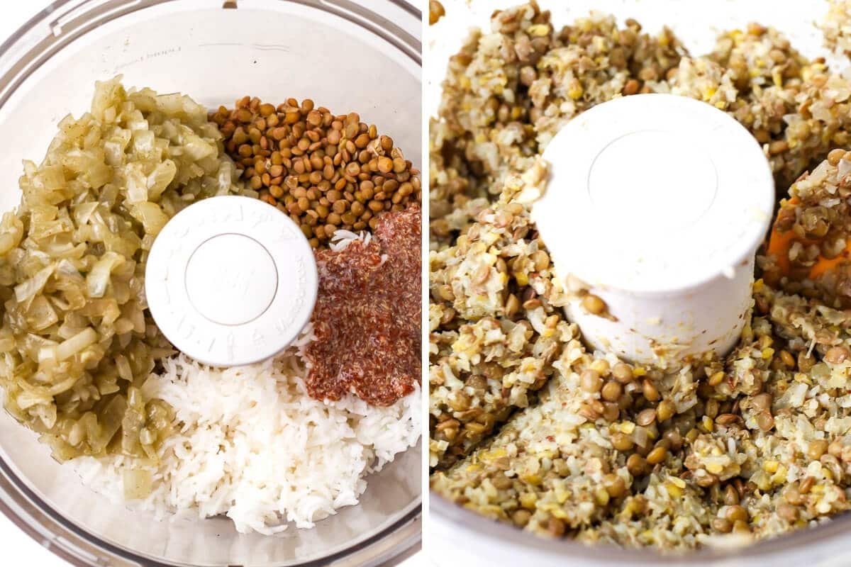 A collage of 2 pictures showing all of the ingredients for a lentil loaf combined in a food processor before and after processing showing not to over mix them.