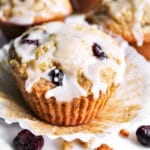 A close of of a cranberry orange muffin.