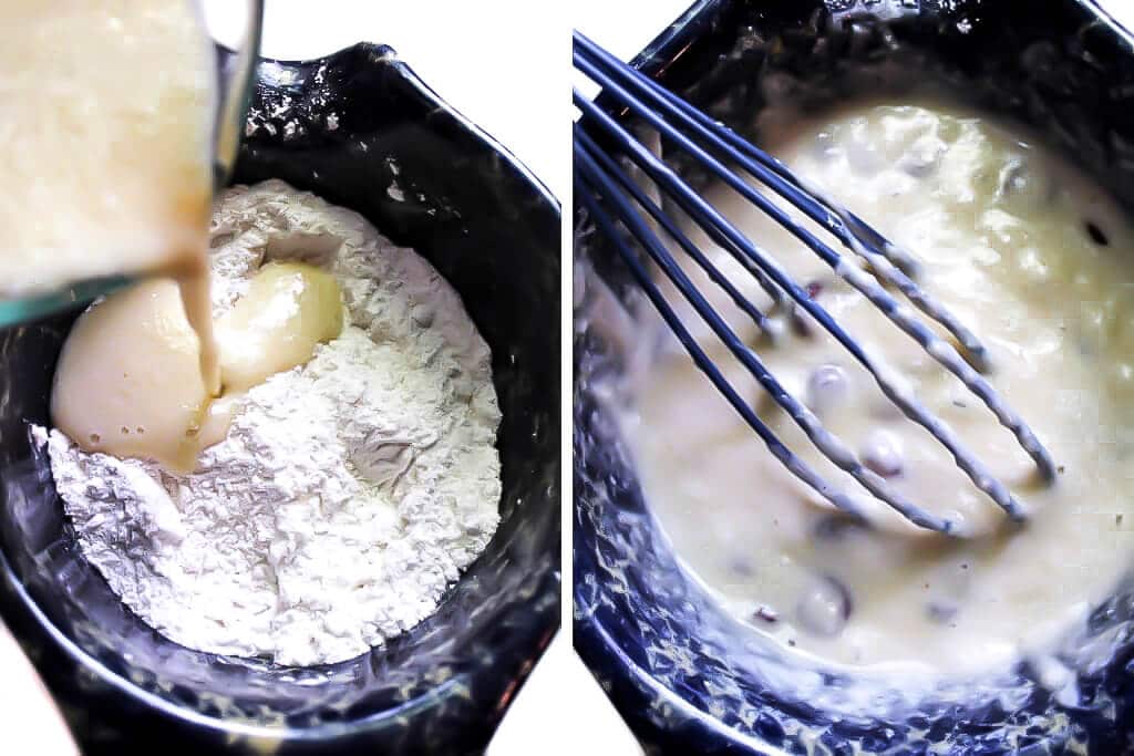 A series of two pictures showing the wet ingredients being poured into the dry ingredients and then stirred up to make vegan orange cranberry muffins.