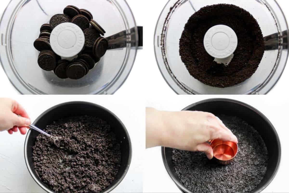A collage of 4 pictures showing the process steps for making an oreo crumb crust for a cheesecake. Showing chopping the cookies, mixing coconut oil in with them and pressing it down.