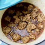 Quick and easy seitan in a large blue pot.