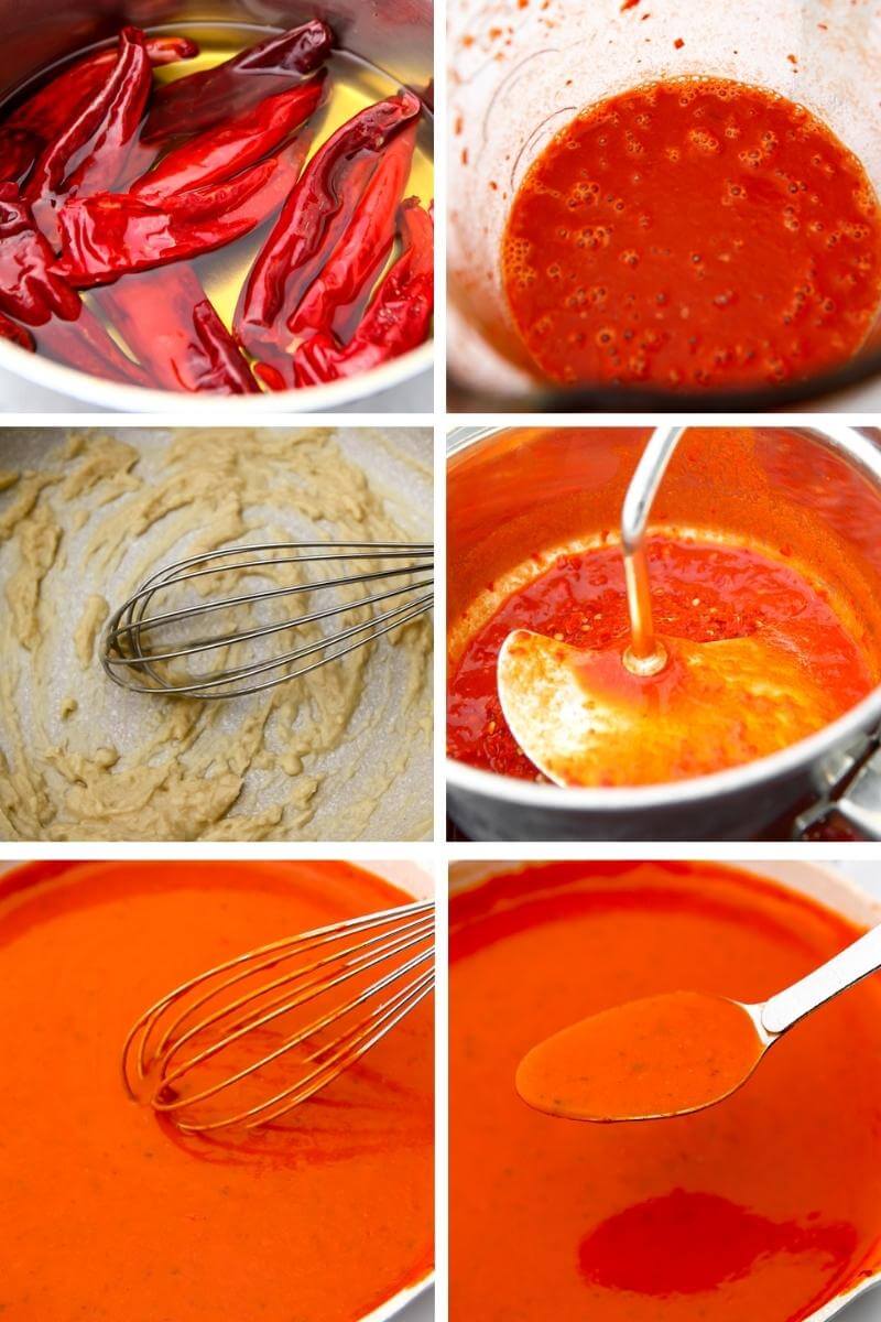 A collage of 6 images showing the process steps for making New Mexico red chile sauce.