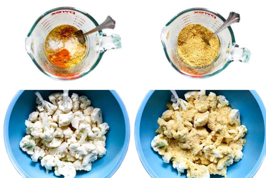 A series of 4 pictures showing the process steps for making the breading, putting oil on the cauliflower and sprinkling the cauliflower with the coating.