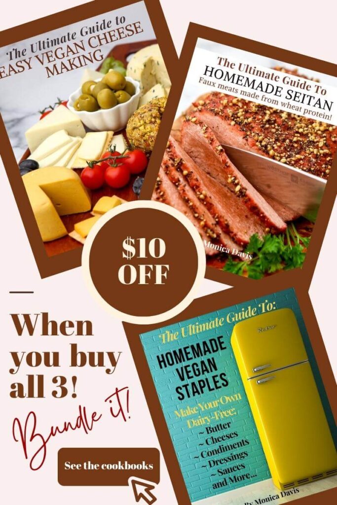 Three vegan cookbooks showing that if you buy all three you get $10 off.