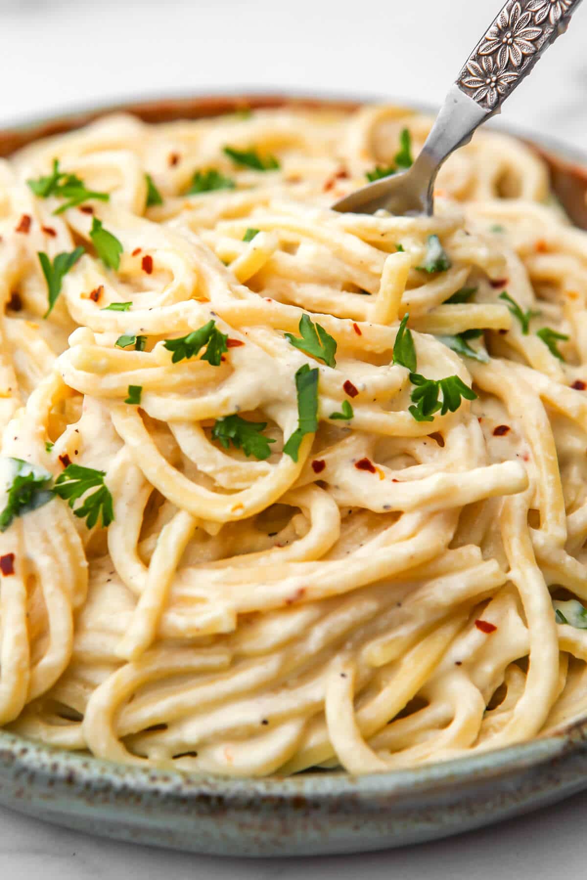 A close up of a plate of tofu cream sauce over pasta and sprinkled with fresh parsley.