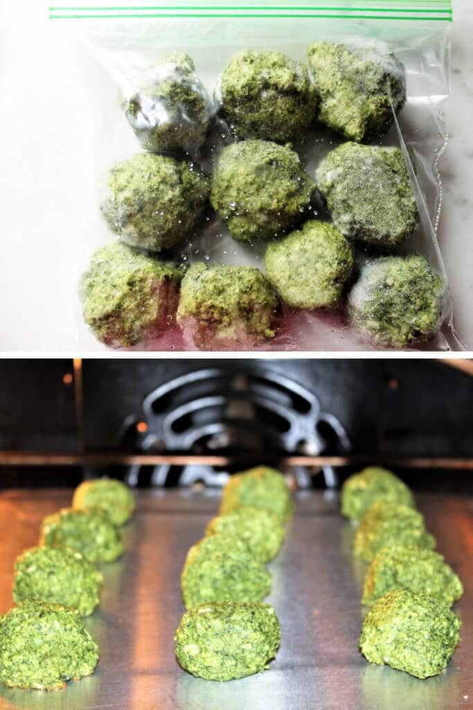 A bag of frozen vegan spinach balls and a picture of them baking in the oven.