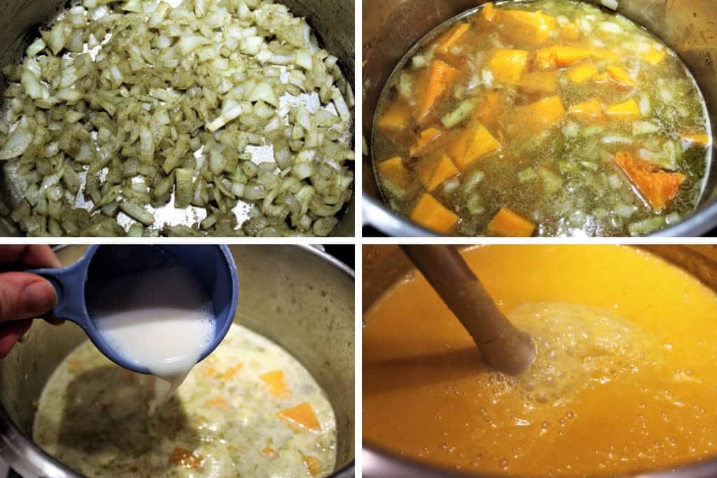 A series of 4 pictures showing sauting the onions, adding broth and squash, pouring in the soy milk, and pureeing it all with an immersion blender to make this creamy vegan squash soup.