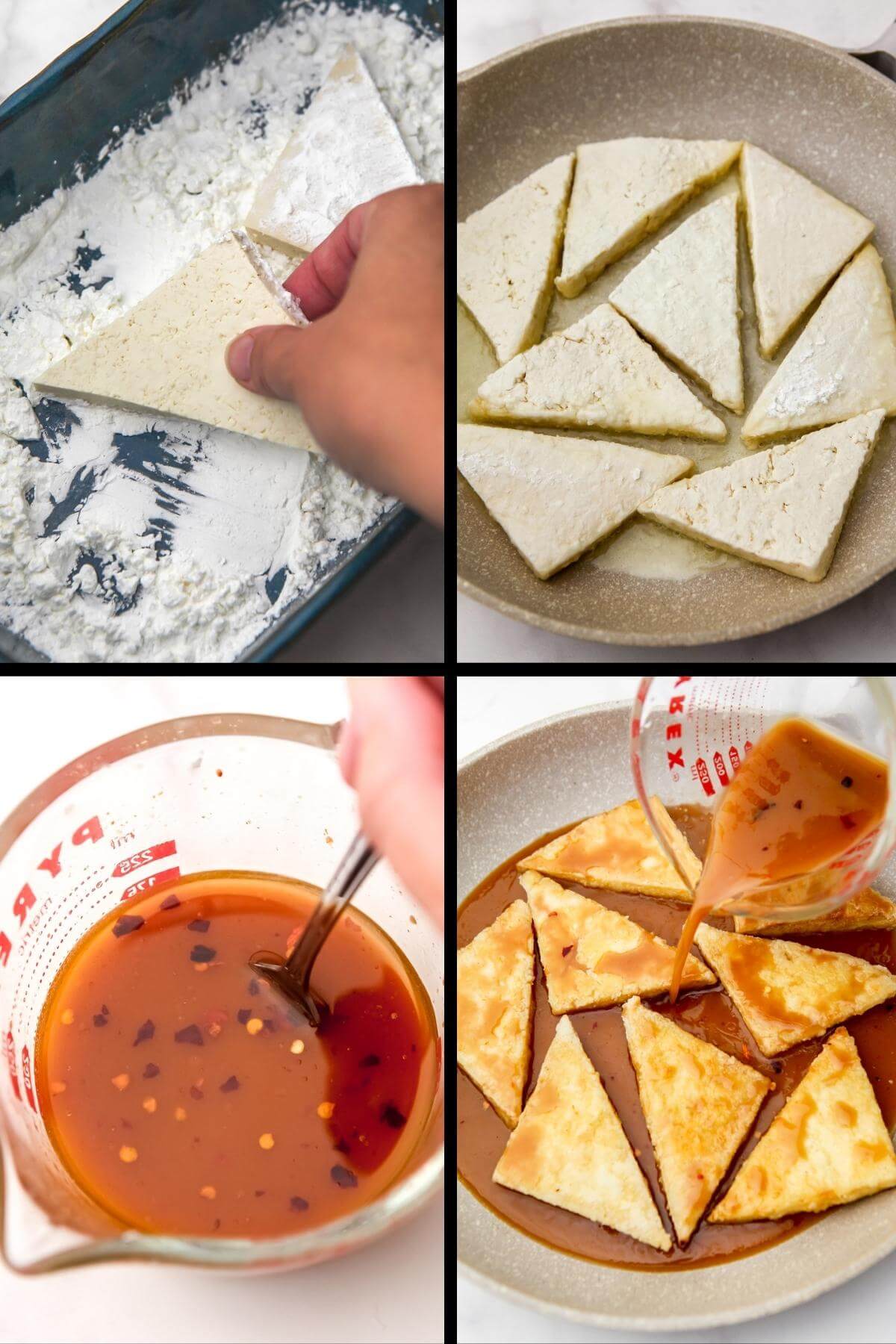 A collage of 4 images showing how to coat tofu in cornstarch, fry it in a pan, then cover it in sticky sauce.