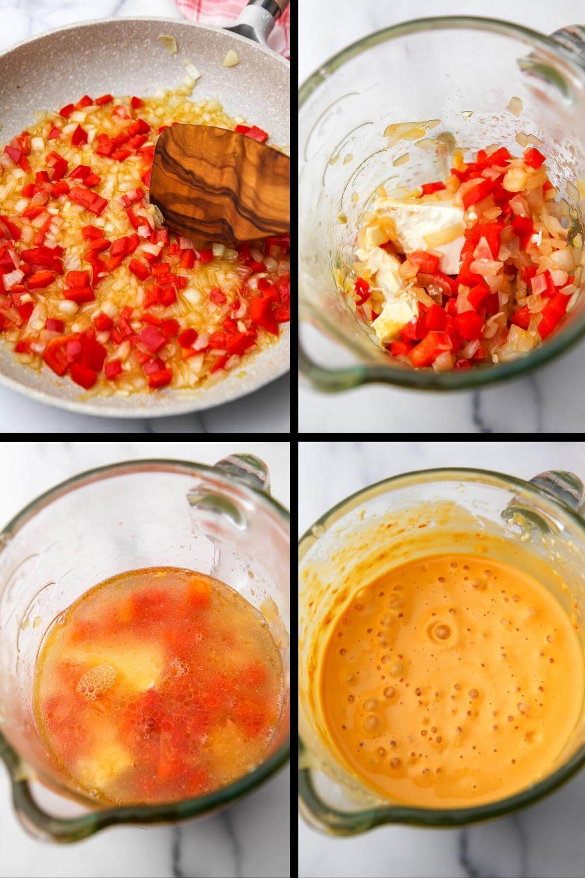 A collage of 4 images showing the process of sauting onion, garlic, and red pepper, and adding it to a blender with tofu water and spices to make a mac and cheese sauce.