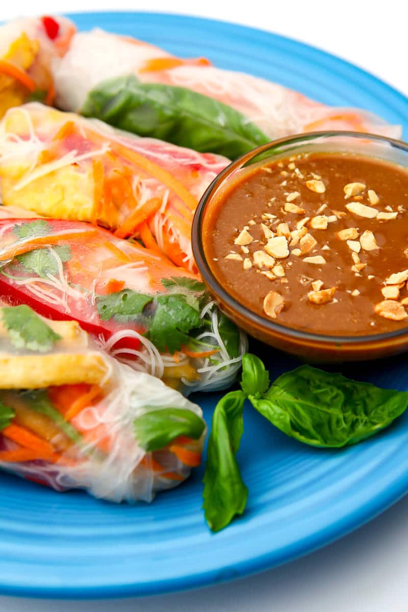 vegan tofu spring rolls on a blue plate with peanut dipping sauce on the side.