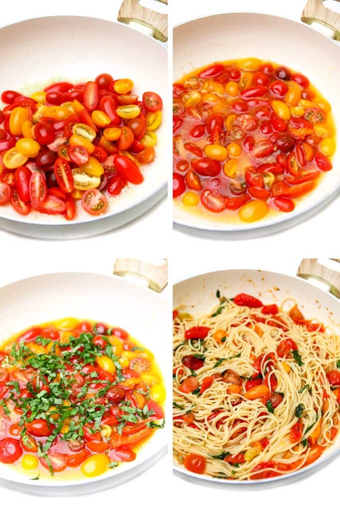 A collage of four pictures showing the process steps to make simple vegan tomato pasta sauce with cherry tomatoes, olive oil, garlic, and basil.