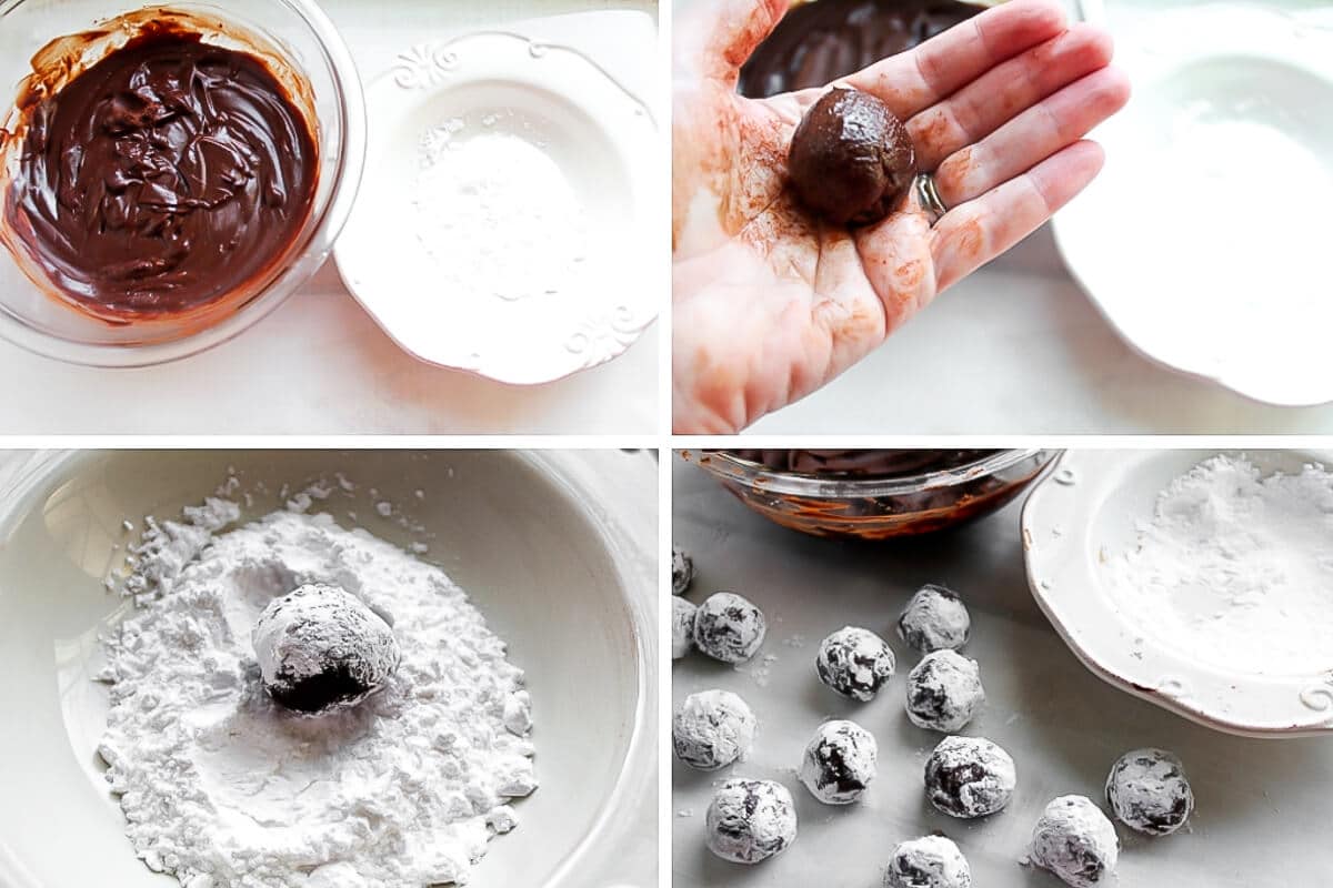 A series of 4 pictures showing the process steps of rolling the vegan chocolate truffles into a ball and rolling them in powdered sugar.