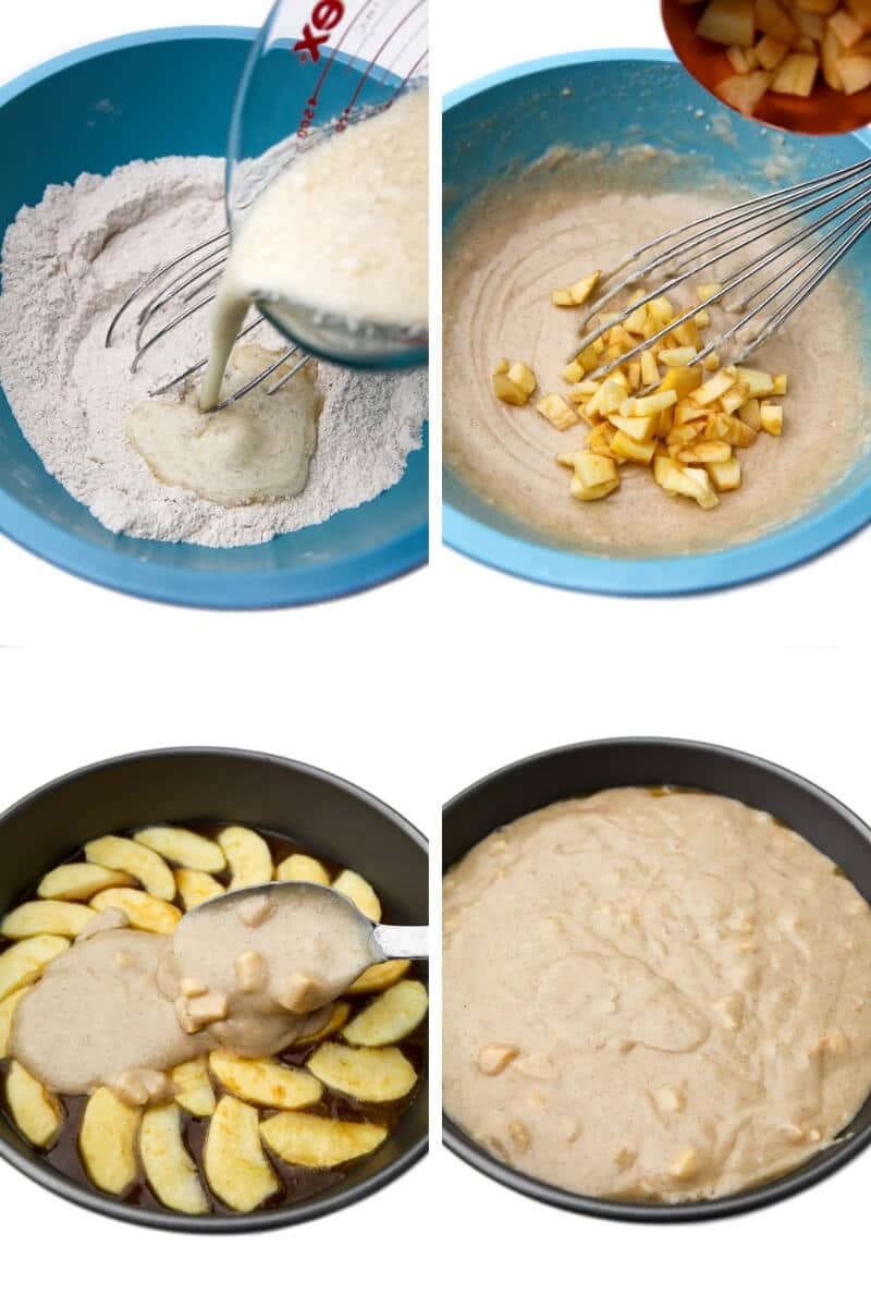 A collage of 4 pictures showing the dry ingredients, adding soy milk and apples, and spooning the cake batter on top of the apples and caramel.