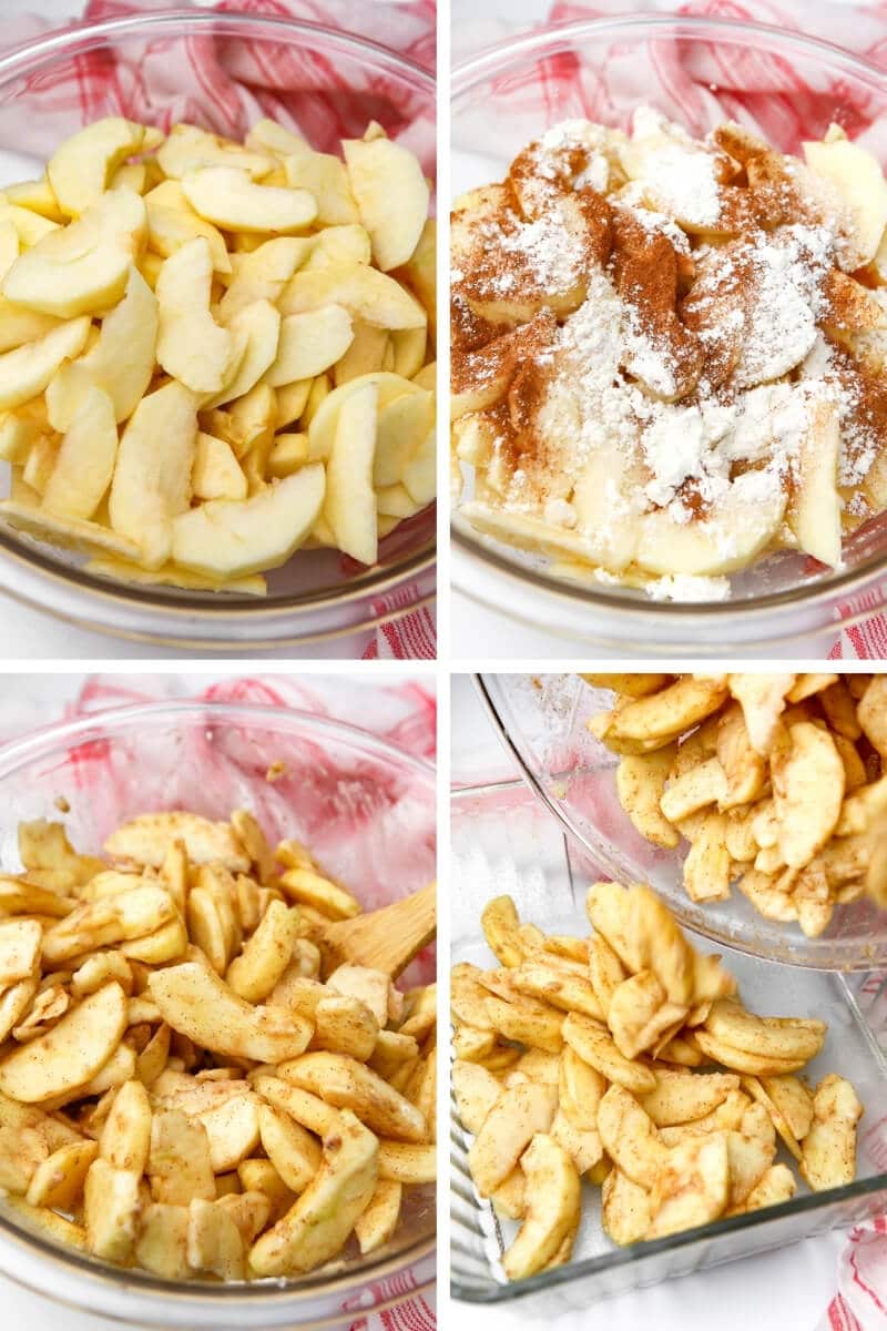 A collage of 4 pictures showing the process of mixing sliced apples with flour, cinnamon and sugar to make the first layer of apple crisp..