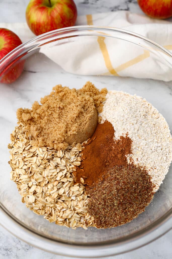 Dry ingredients for making vegan baked oats.