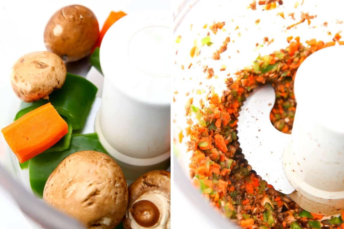 A collage of 2 pictures showing vegetables before and after being chopped in a food processor.