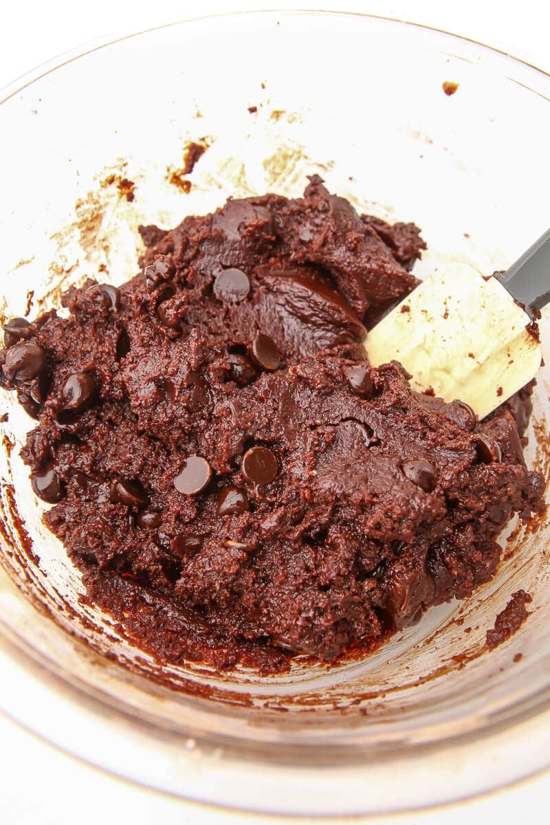Thick and firm brownie batter mixed together.