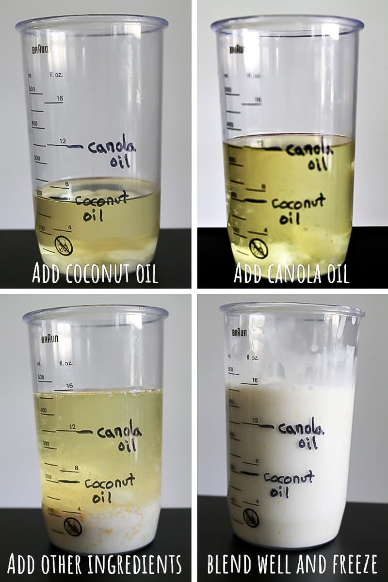 A series of 4 pictures showing the process steps for making your own homemade vegan butter with canola oil, coconut oil, and soy milk in an immersion blender.