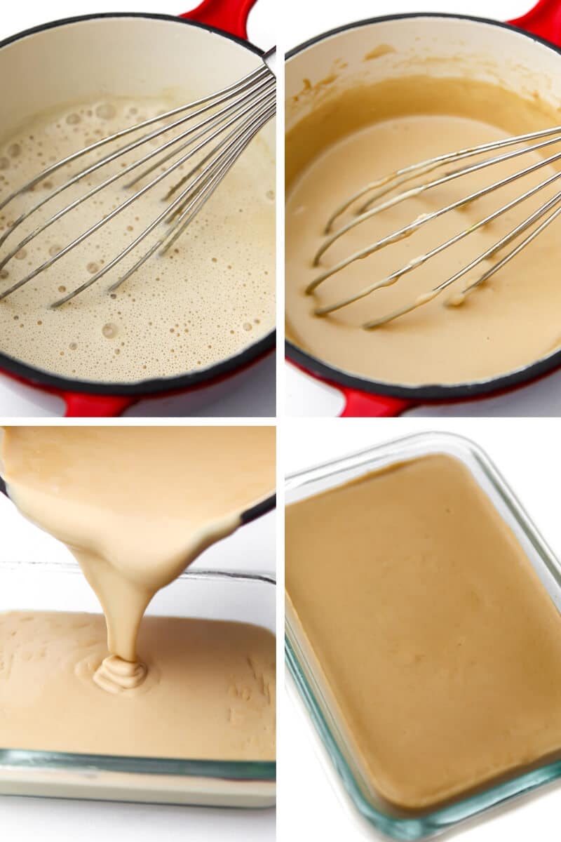 A collage of 4 pictures showing the process of cooking the coconut milk and flavorings to make a vegan provolone cheese sauce and then pouring it into a mold to set.