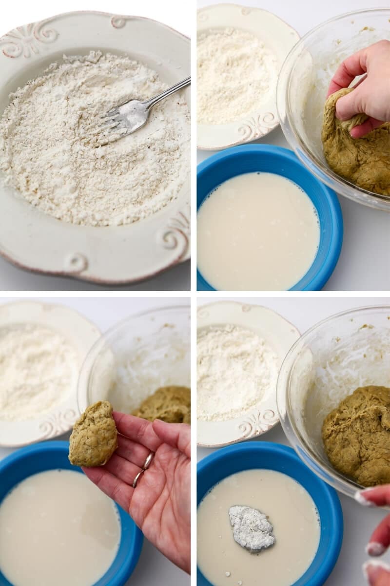 A collage of 4 pictures showing the process of making vegan chicken nuggets from seitan.