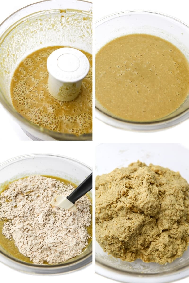 A collage of 4 pictures showing the process steps for blending chickpeas and broth, adding wheat gluten, and kneading it to make seitan chicken.