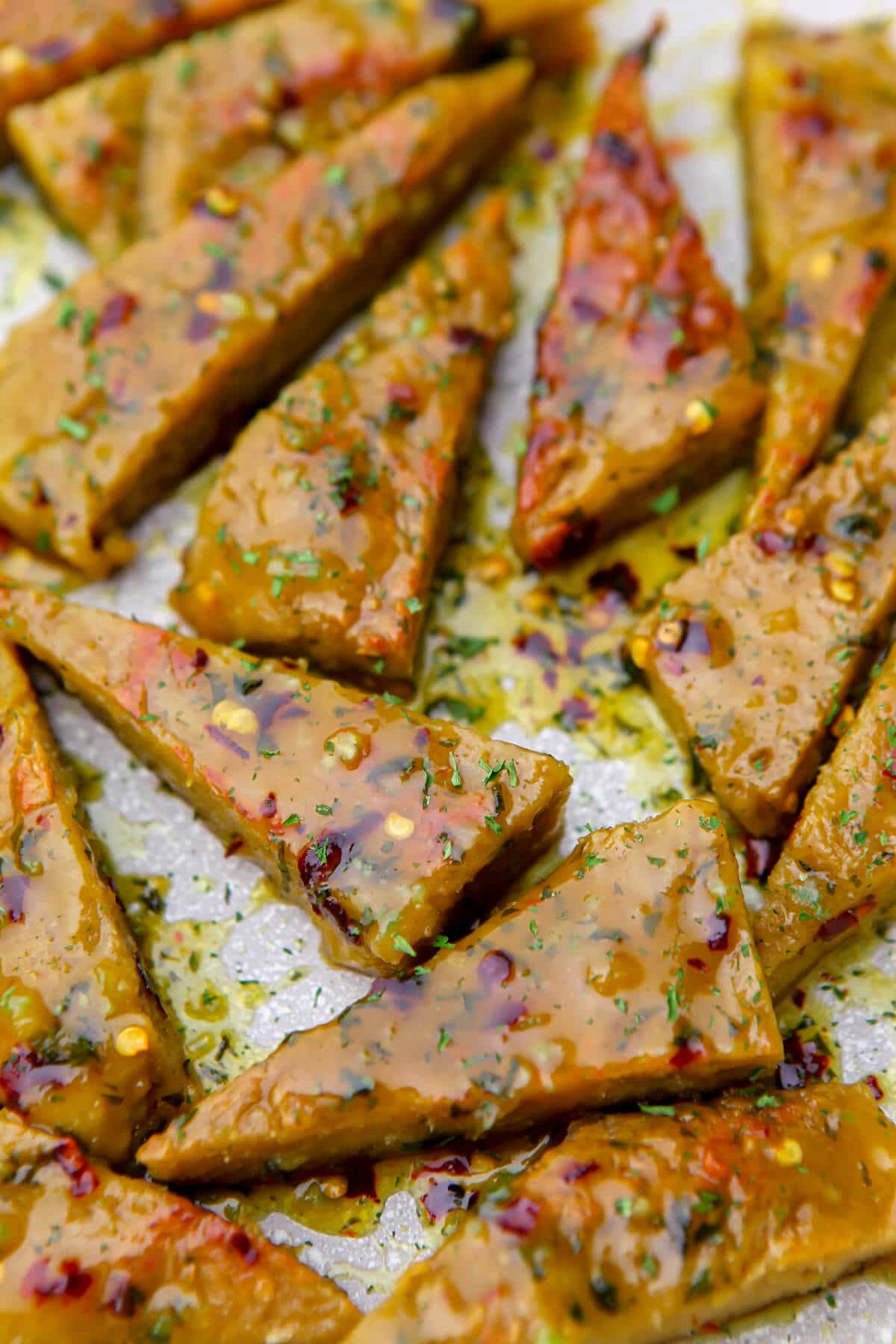 Vegan seitan wings smother in vegan honey garlic sauce.