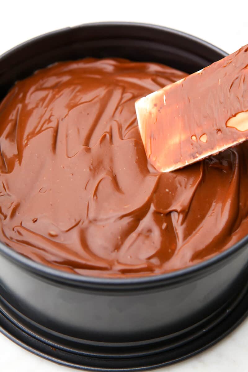 Spreading vegan chocolate cheesecake filling in a springform pan.