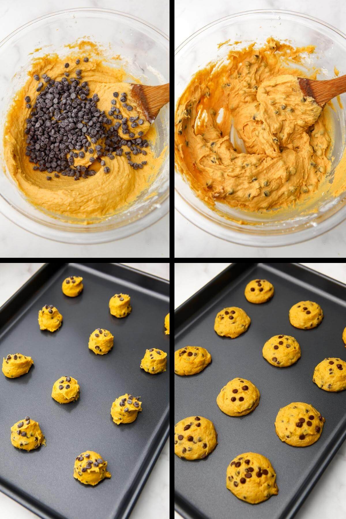 A collage of 4 images showing adding chocolate chips to pumpkin cookie dough and then baking them on a cookie sheet.