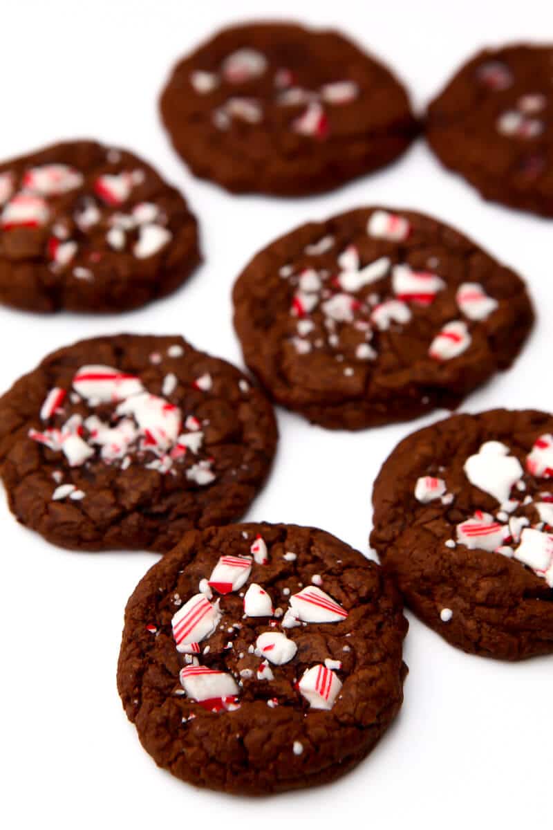 Vegan chocolate peppermint cookies with crushed candy canes on top of them.