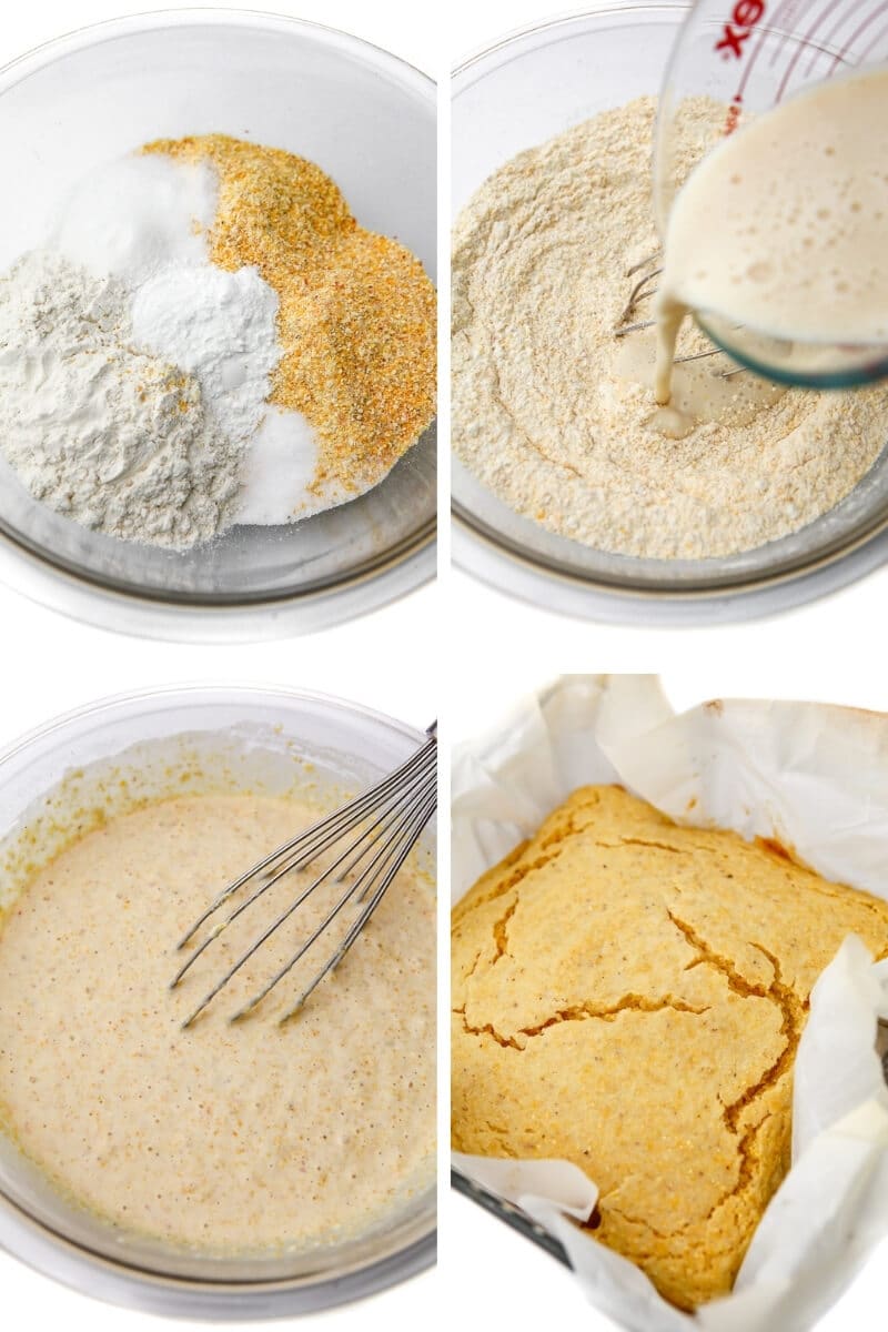 The process of mixing the dry ingredients, adding the wet ingredients and baking the vegan cornbread in a square casserole dish.