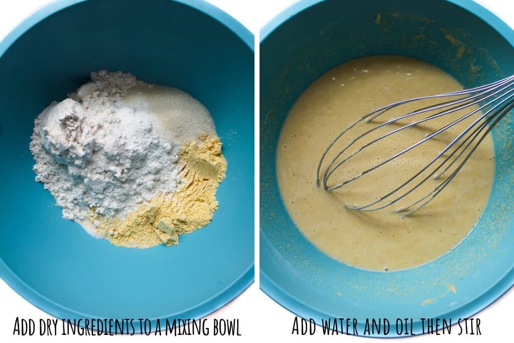 Two images, side-by-side.  The first image is a bowl with the dry ingredients.  The second bowl is a the wet and dry ingredients being mixed with a hand held whisk.