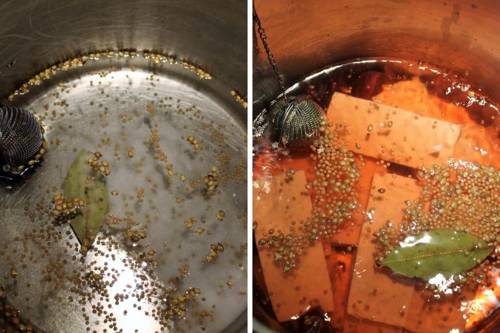A series of 2 pictures showing the pot of water filled with salt, spices, and a beet to make the brine to cook the vegan corned beef.