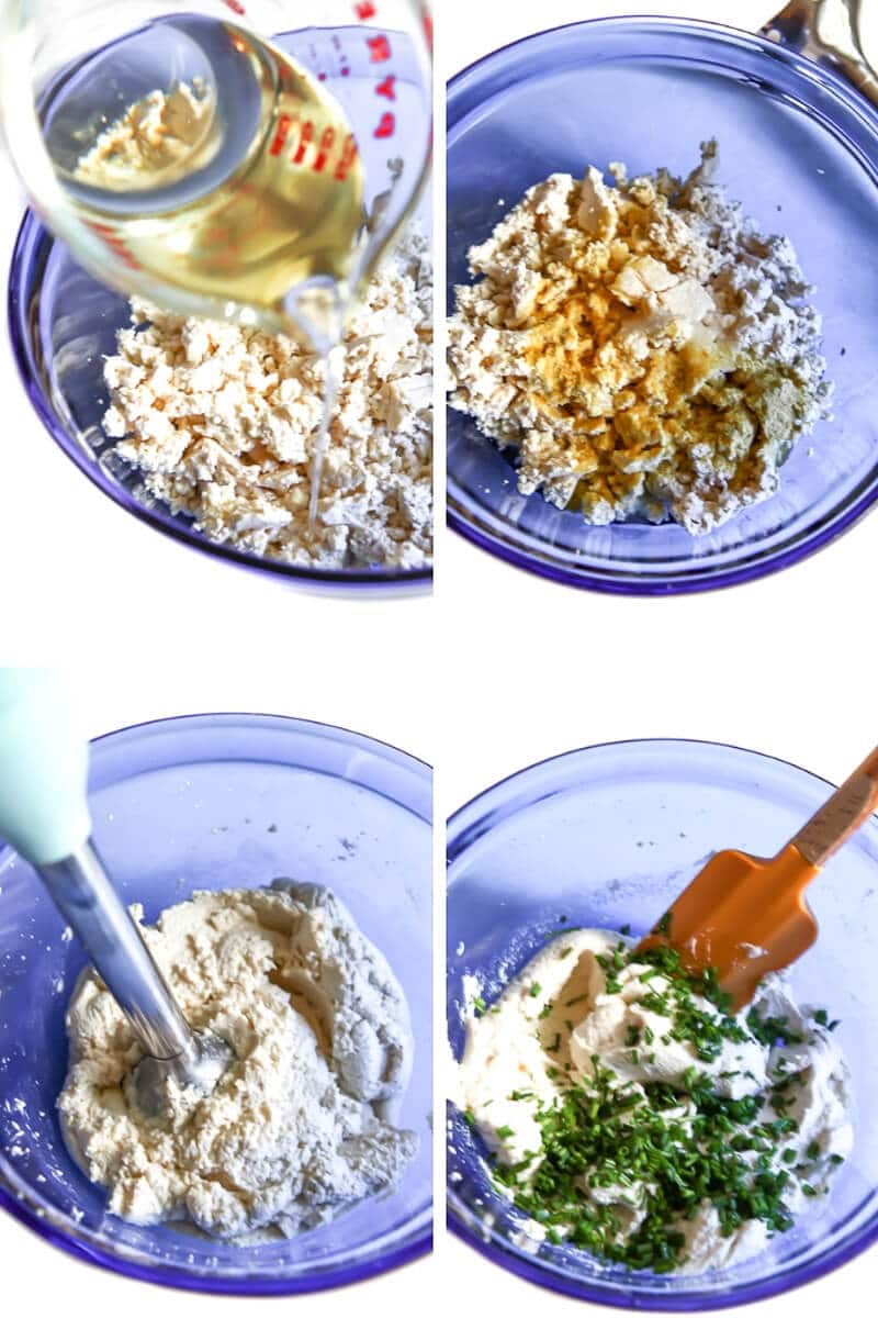 A collage of 4 pictures showing the process steps from making vegan cream cheese from tofu, oil, and spices.