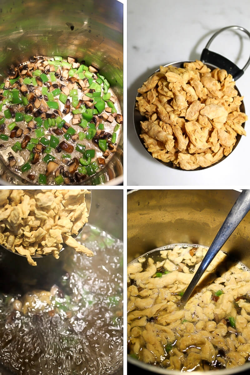 A collage of 4 images showing the process steps for making creamy vegan chicken soup.