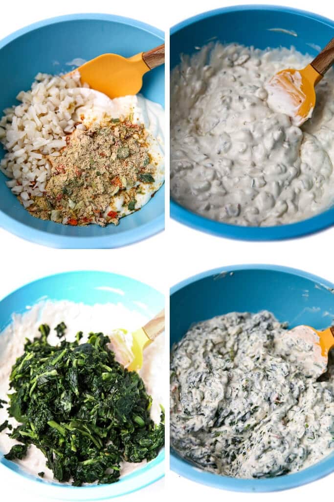 Four pictures showing the process steps for making easy vegan spinach dip.