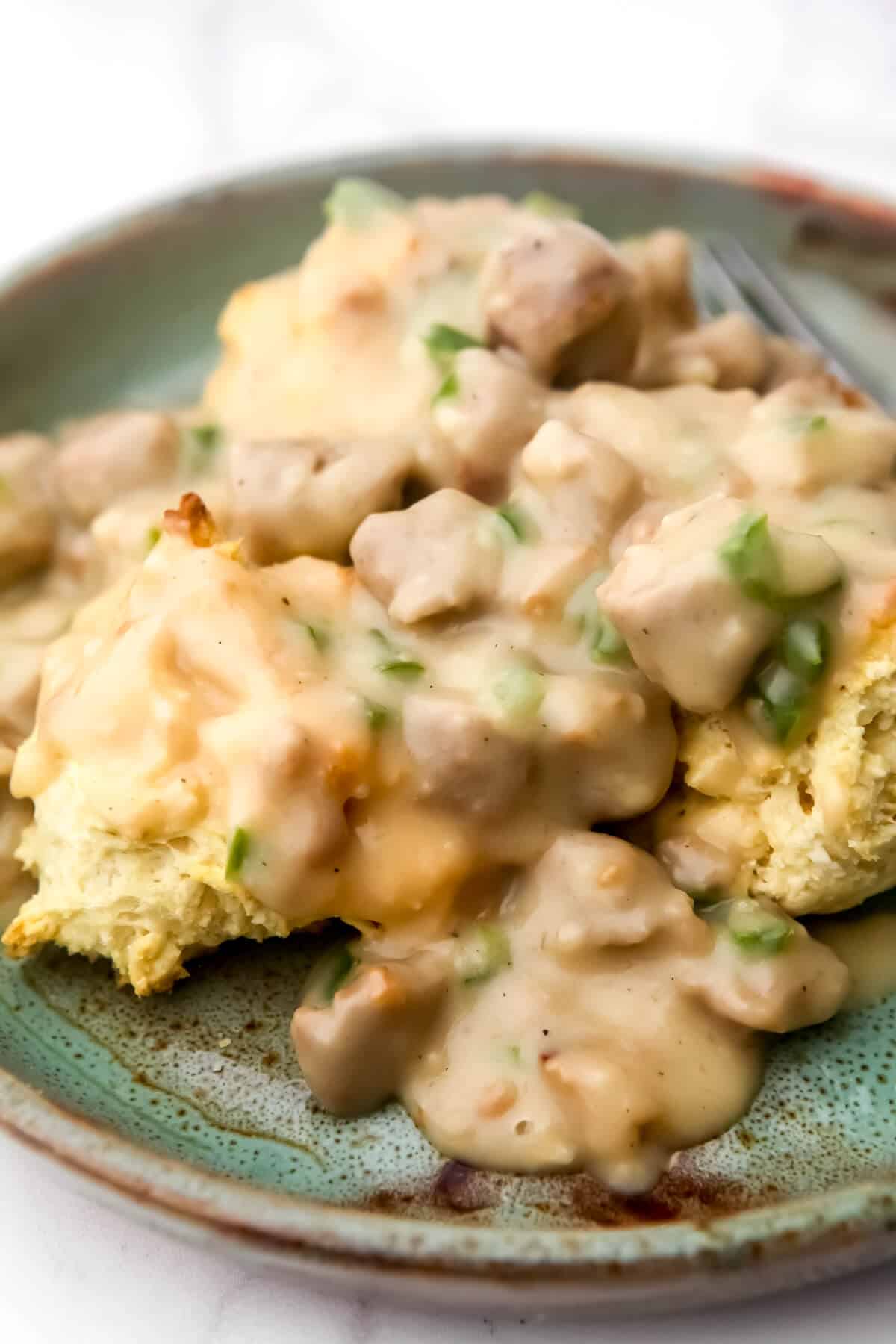 Vegan drop biscuits with sausage gravy.