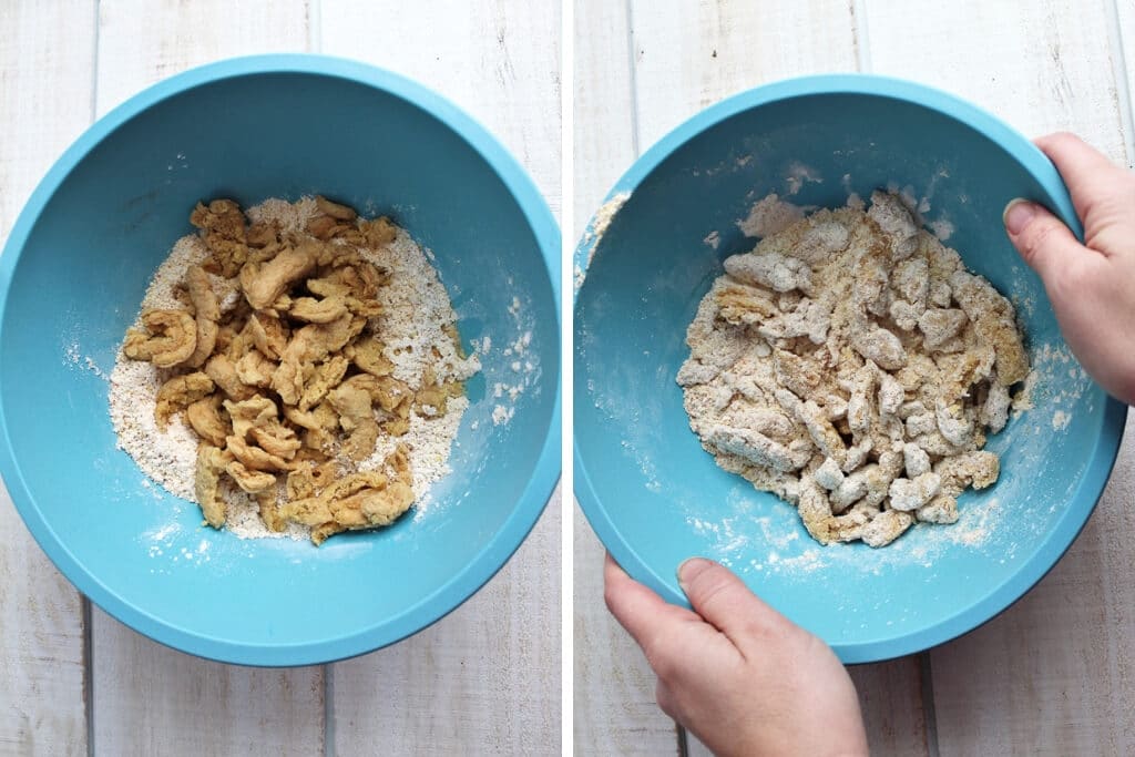 A collage of 2 pictures showing adding the Butler Soy Curls to the coating mixture and shaking until well coated.