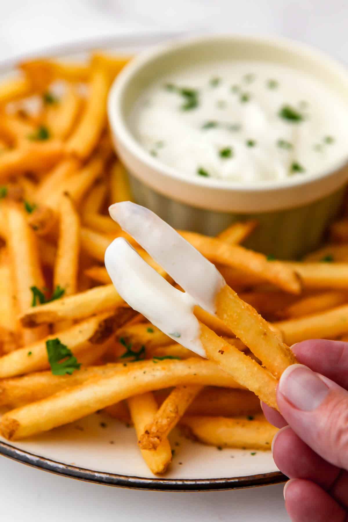 French fries dipped in vegan garlic aioli.