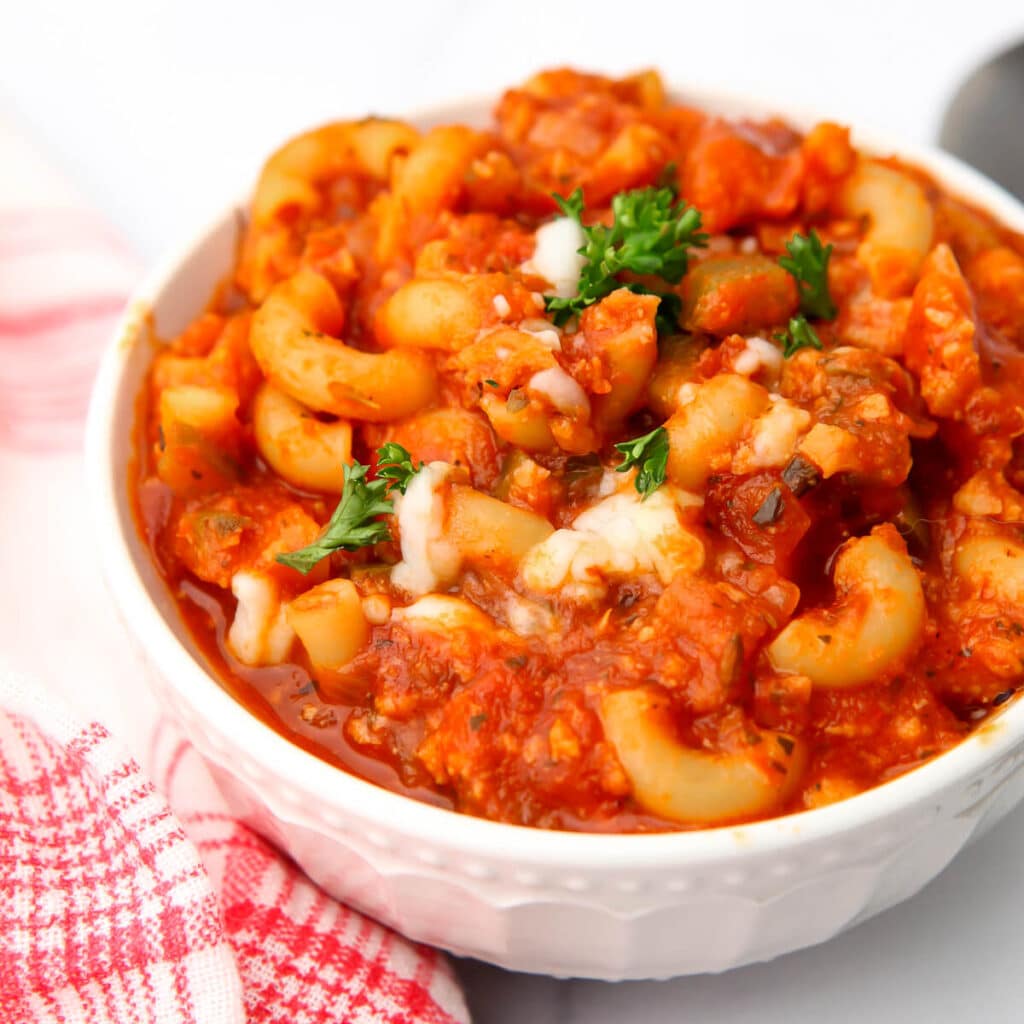 A close up of a bowl of American style vegan goulash.