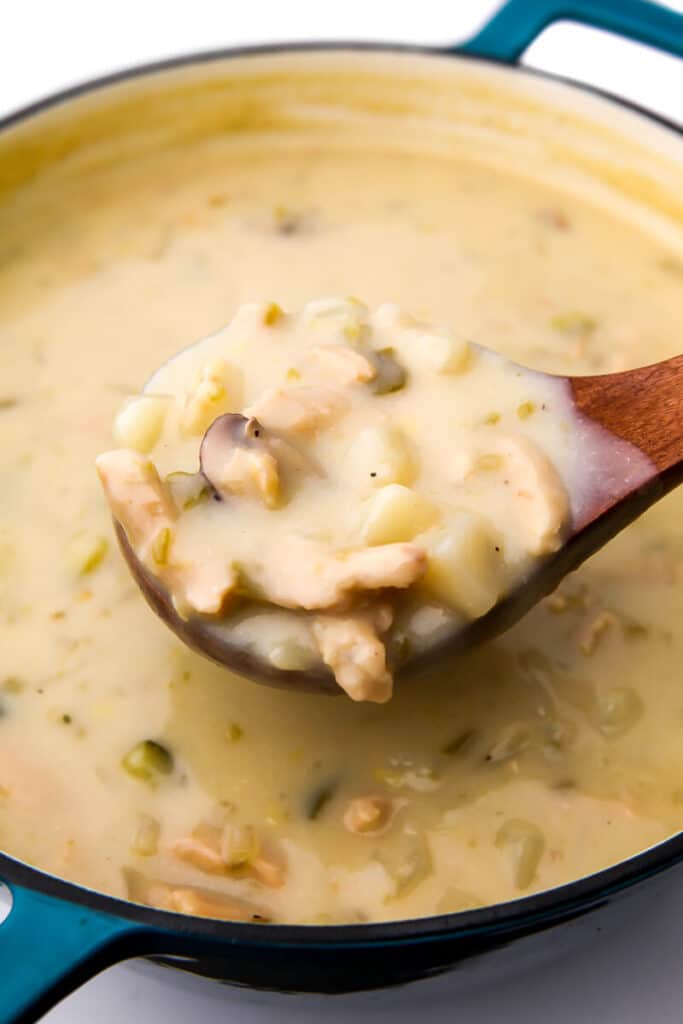 A large pot of vegan green chile stew with a wooden ladle scooping up some.